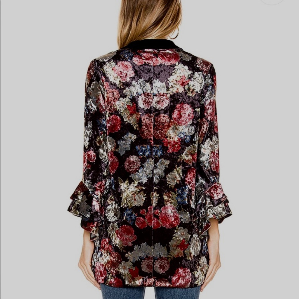BCBG GENERATION BOHO FLORAL RUFFLE SLEEVES VELVET CARDIGAN BLAZER - Picture 8 of 16